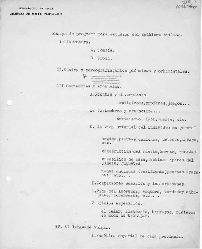 Ensayo de programa para estudios del folklore chileno  [manuscrito] Oreste Plath.