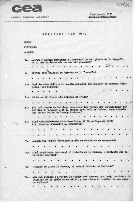 [Cuestionarios sobre folklore chileno]  [manuscrito] Oreste Plath.