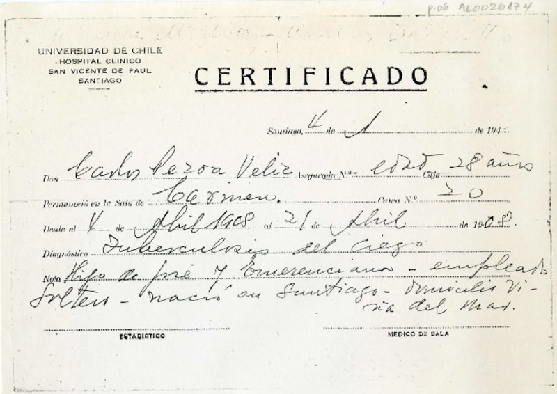 Certificado  [manuscrito] Hospital Clínico San Vicente de Paul.