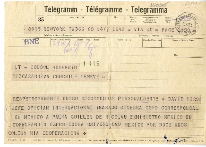 [Telegrama] 1954 julio 14, New York, [Estados Unidos] [a] Humberto Díaz Casanueva, Génova, Italia  [manuscrito] Gabriela Mistral.