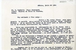 [Carta] 1954 julio 23, México [a] Humberto Díaz Casanueva, Ginebra, Suiza  [manuscrito] Palma Guillén de Nicolau.