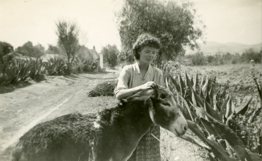 Doris Dana acariciando un burro en México.  [fotografía].