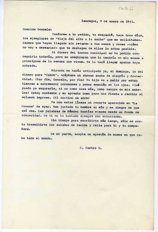 [Carta] 1941 enero 9, Rancagüa, Chile [a] Gonzalo Drago  [manuscrito] Oscar Castro.