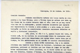 [Carta] 1939 diciembre 24, Rancagüa, Chile [a] Gonzalo Drago  [manuscrito] Oscar Castro.