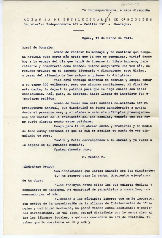 [Carta] 1941 marzo 11, Rancagüa, Chile [a] Gonzalo Drago  [manuscrito] Oscar Castro.