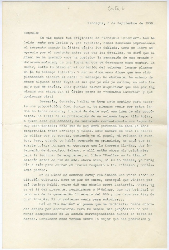 [Carta] 1939 septiembre 5, Rancagüa, Chile [a] Gonzalo Drago  [manuscrito] Oscar Castro Z.