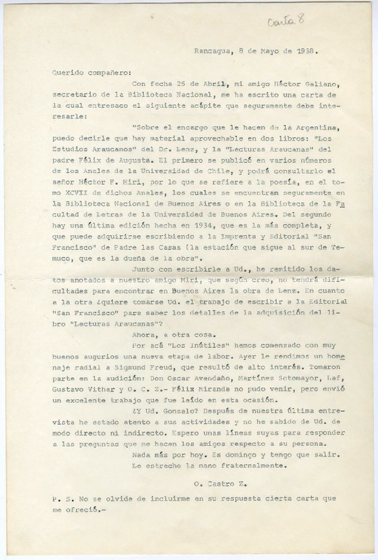 [Carta] 1938 mayo 8, Rancagüa, Chile [a] Gonzalo Drago  [manuscrito] Oscar Castro Z.