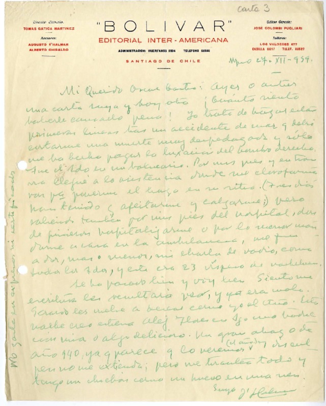 [Carta] 1939 diciembre 27, Valparaíso, Chile [a] Oscar Castro  [manuscrito] Augusto D'Halmar.