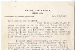 [Carta] 1945 febrero 25, Oxford, Ohio [a] Oscar Castro  [manuscrito] Willis Knapp Jones.