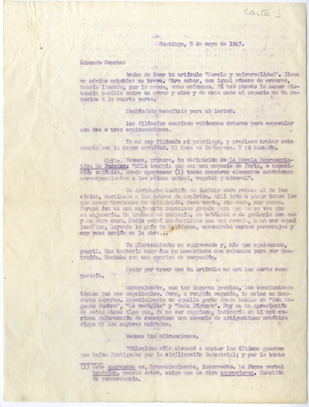 [Carta] 1947 mayo 8, Santiago, Chile [a] Edmundo Concha  [manuscrito] Oscar Castro Z.