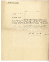 [Carta] 1951 noviembre 29, Lima, Perú [a] Juan Guzmán Cruchaga  [manuscrito] Humberto Díaz-Casanueva.