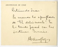 [Tarjeta] [1930], Santiago, Chile [a] Juan Guzmán Cruchaga  [manuscrito] Manuel Rojas.