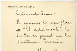 [Tarjeta] [1930], Santiago, Chile [a] Juan Guzmán Cruchaga  [manuscrito] Manuel Rojas.