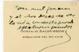 [Tarjeta] [1950] Ecuador [a] Juan Guzmán Cruchaga  [manuscrito] Gonzalo Zaldumbide.