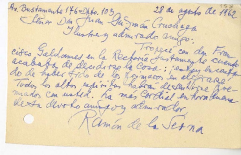 [Tarjeta] 1962 agosto 28, Santiago, Chile [a] Juan Guzmán Cruchaga  [manuscrito] Ramón Gómez de la Serna.