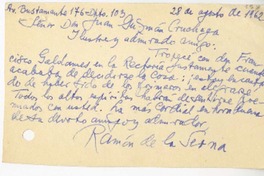 [Tarjeta] 1962 agosto 28, Santiago, Chile [a] Juan Guzmán Cruchaga  [manuscrito] Ramón Gómez de la Serna.