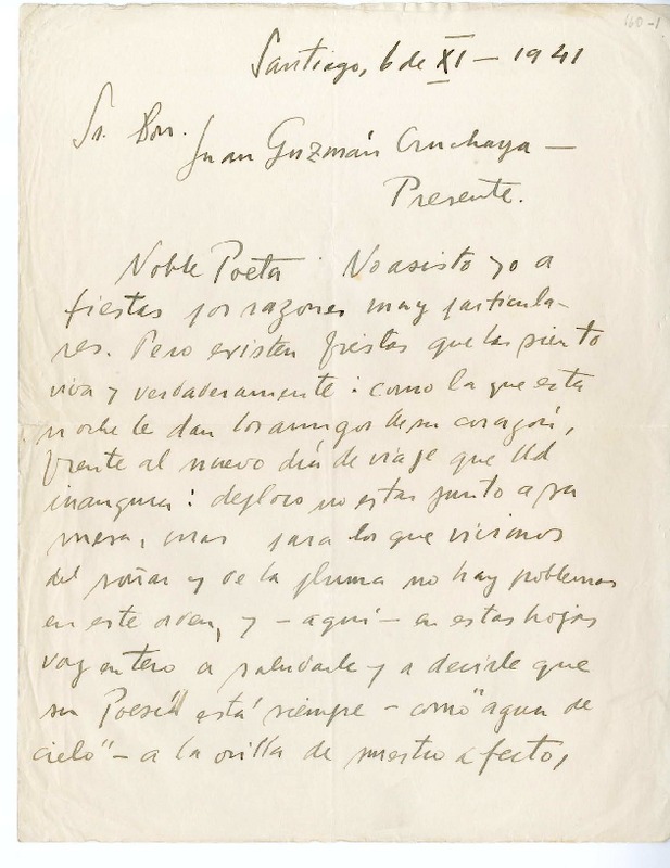 [Carta] 1941 noviembre 6, Santiago, Chile [a] Juan Guzmán Cruchaga  [manuscrito] Andrés Sabella.