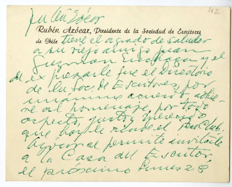 [Tarjeta] [1950] mayo 24, Santiago, Chile [a] Juan Guzmán Cruchaga  [manuscrito] Rubén Azócar.