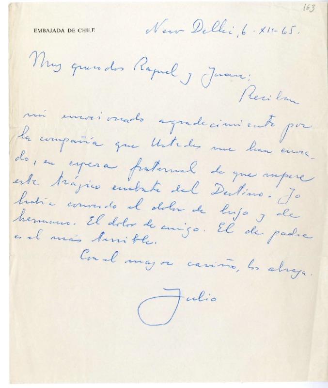 [Carta] 1965 diciembre 6, Nueva Delhi, India [a] Juan Guzmán Cruchaga  [manuscrito] Julio Barrenechea.