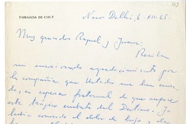 [Carta] 1965 diciembre 6, Nueva Delhi, India [a] Juan Guzmán Cruchaga  [manuscrito] Julio Barrenechea.