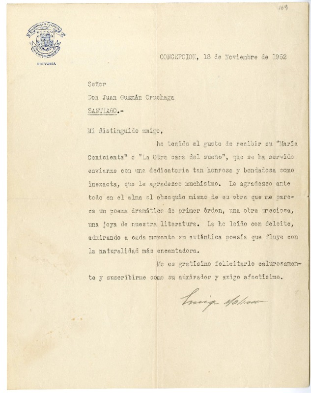 [Carta] 1952 noviembre 18, Concepción, Chile [a] Juan Guzmán Cruchaga  [manuscrito] Enrique Molina.