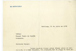 [Carta] 1979 julio 23, Santiago, Chile [a] Raquel Tapia Caballero  [manuscrito] [Irarrazabal].