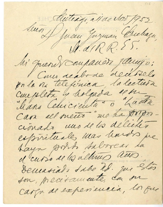 [Carta] 1952 noviembre 11, Santiago, Chile [a] Juan Guzmán Cruchaga  [manuscrito] Víctor Domingo Silva.