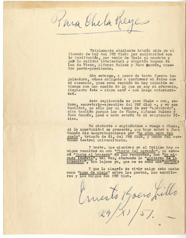 [Carta] 1951 noviembre 29, Santiago, Chile [a] Chela Reyes  [manuscrito] Ernesto Boero Lillo.