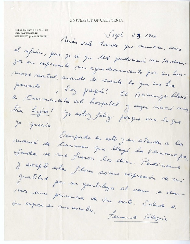 [Carta] 1964 septiembre 23, Berkeley, California [a] Juan Guzmán Cruchaga  [manuscrito] Fernando Alegría.