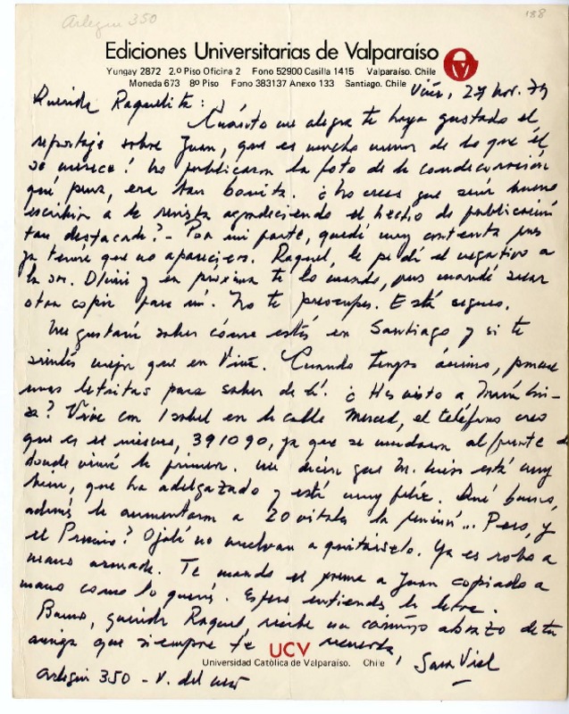 [Carta] 1979 noviembre 27, Viña del Mar, Chile [a] Raquel Tapia Caballero  [manuscrito] Sara Vial.