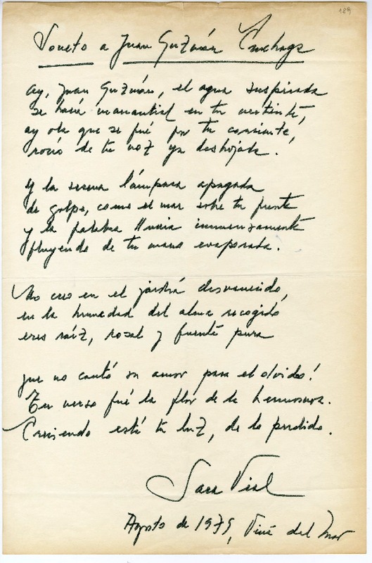 [Carta] 1975 agosto, Viña del Mar, Chile [a] Juan Guzmán Cruchaga  [manuscrito] Sara Vial.