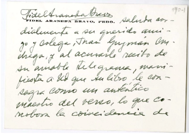 [Tarjeta] 1979 abril 4, Santiago, Chile [a] Juan Guzmán Cruchaga  [manuscrito] Fidel Araneda Bravo.