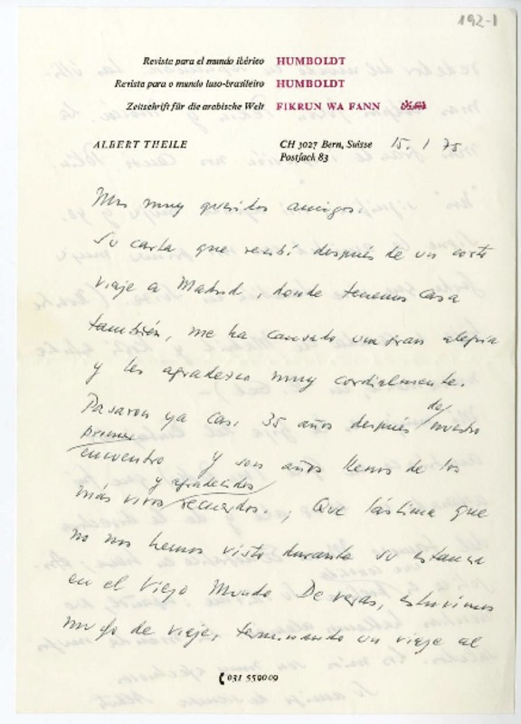 [Carta] 1975 enero 15, Suiza [a] Juan Guzmán Cruchaga  [manuscrito] Albert Theile.