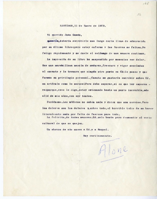 [Carta] 1974 enero 14, Santiago, Chile [a] Juan Guzmán Cruchaga  [manuscrito] Hernán Díaz Arrieta.