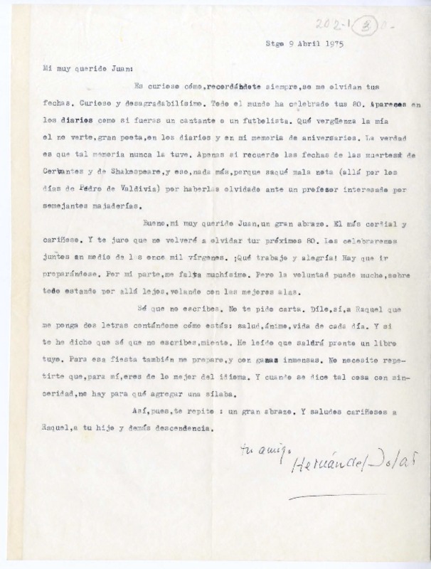 [Carta] 1975 abril 9, Santiago, Chile [a] Juan Guzmán Cruchaga  [manuscrito] Hernán del Solar.