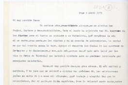 [Carta] 1975 abril 9, Santiago, Chile [a] Juan Guzmán Cruchaga  [manuscrito] Hernán del Solar.