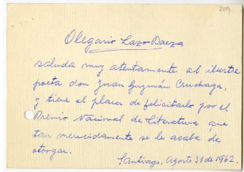 [Tarjeta] 1962 agosto 31, Santiago, Chile [a] Juan Guzmán Cruchaga  [manuscrito] Olegario Lazo Baeza.