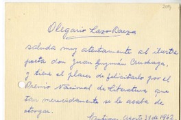 [Tarjeta] 1962 agosto 31, Santiago, Chile [a] Juan Guzmán Cruchaga  [manuscrito] Olegario Lazo Baeza.