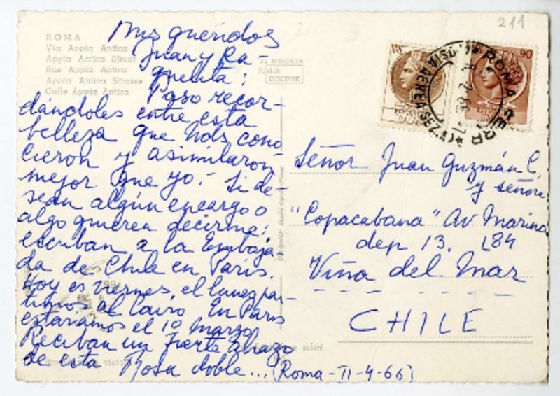 [Tarjeta] 1966 febrero 4, Roma, Italia [a] Juan Guzmán Cruchaga  [manuscrito] Rosa Cruchaga.