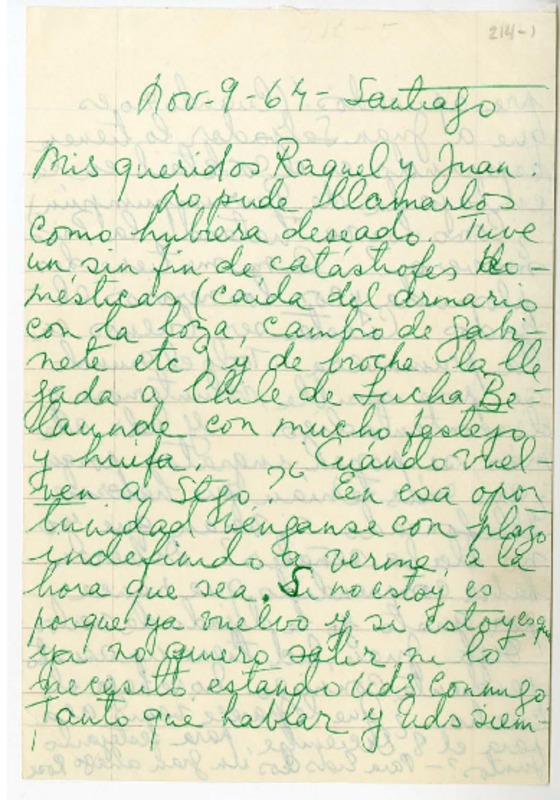 [Carta] 1964 noviembre 9, Santiago, Chile [a] Juan Guzmán Cruchaga  [manuscrito] Rosa Cruchaga.