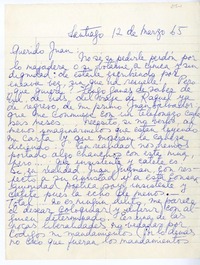 [Carta] 1965 marzo 12, Santiago, Chile [a] Juan Guzmán Cruchaga  [manuscrito] Rosa Cruchaga.