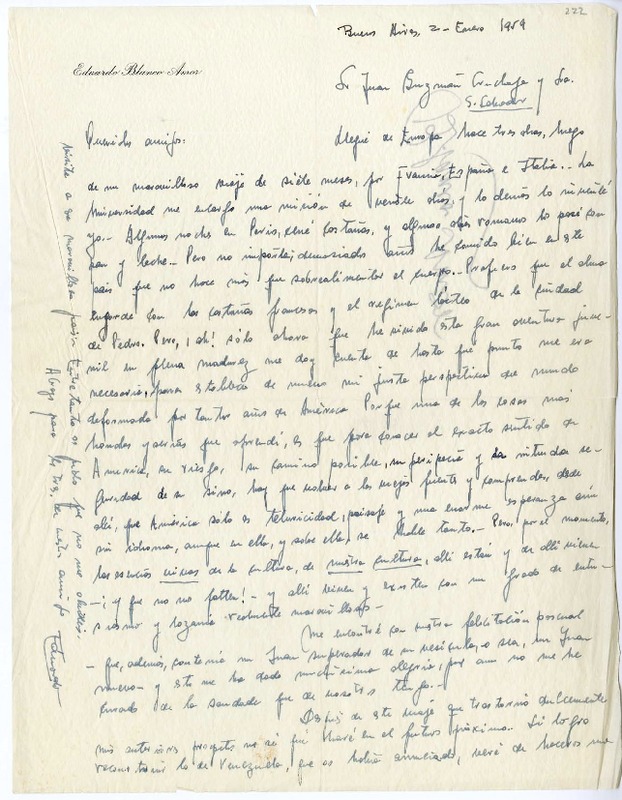 [Carta] 1959 enero 2, Buenos Aires, Argentina [a] Juan Guzmán Cruchaga  [manuscrito] Eduardo Blanco Amor.