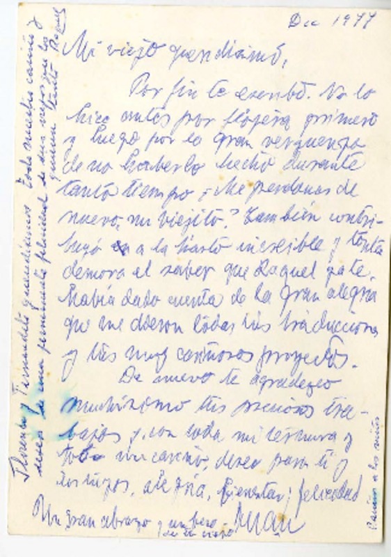 [Tarjeta] 1977 diciembre, Santiago, Chile [a] Fernando Guzmán  [manuscrito] Juan Guzmán Cruchaga.
