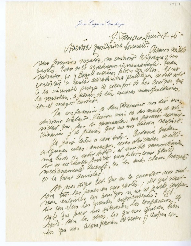 [Carta] 1945 junio 17, San Francisco, California [a] Consuelo  [manuscrito] Juan Guzmán Cruchaga.