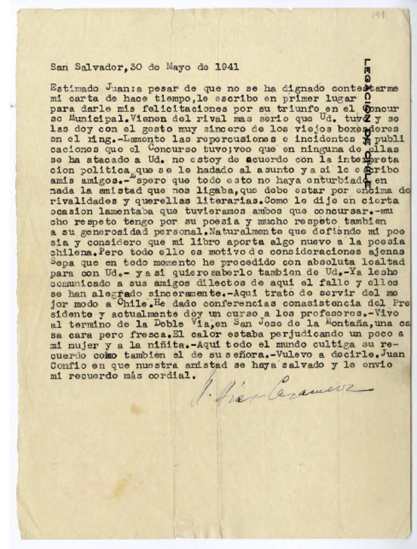 [Carta] 1941 mayo 30, San Salvador [a] Juan Guzmán Cruchaga  [manuscrito] Humberto Díaz-Casanueva.