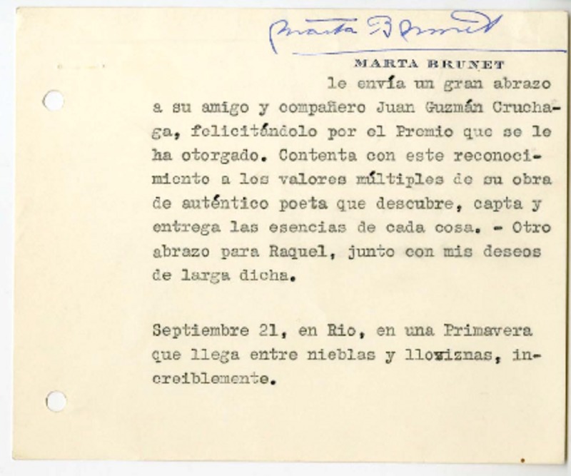 [Tarjeta] [1962] septiembre 21, Río de Janeiro, Brasil [a] Juan Guzmán Cruchaga  [manuscrito] Marta Brunet.