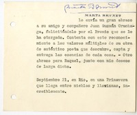 [Tarjeta] [1962] septiembre 21, Río de Janeiro, Brasil [a] Juan Guzmán Cruchaga  [manuscrito] Marta Brunet.