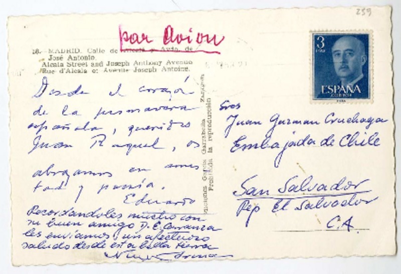 [Tarjeta postal] [1960] mayo 6, Madrid, España [a] Juan Guzmán Cruchaga, San salvador  [manuscrito] Eduardo Carranza.