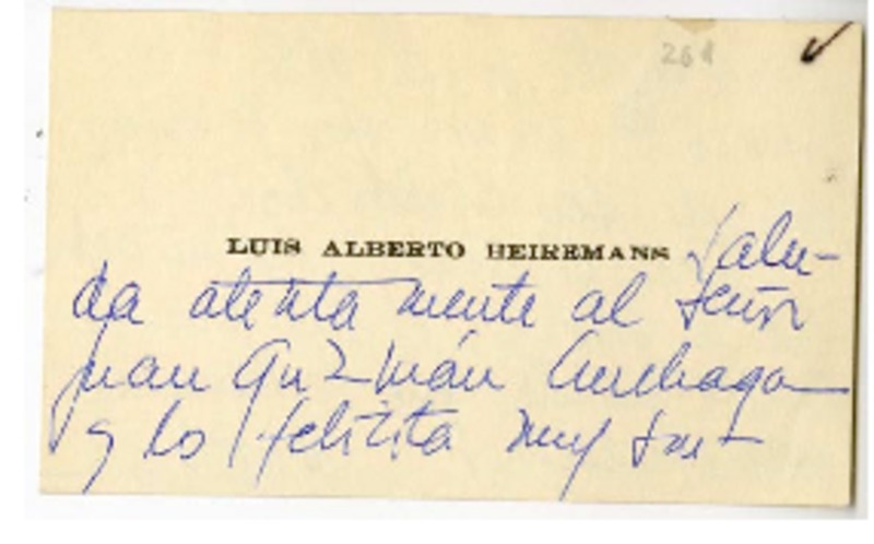 [Tarjeta] 1962 agosto, Santiago, Chile [a] Juan Guzmán Cruchaga  [manuscrito] Luis Alberto Heiremans.