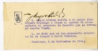 [Tarjeta] 1941 noviembre 4, Santiago, Chile [a] Juan Guzmán Cruchaga  [manuscrito] Jerónimo Lagos Lisboa.